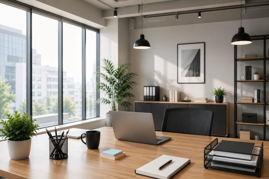 Modern office workspace with laptop and desk setup for digital marketing and website development.