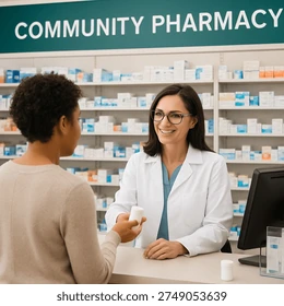 PICTURE E IS SHOWING THE ROLE OF PHARMACIST AS A COMMUNITY PHARMACIST WHERE PATIENT IS DIRECTLY COUNSELLING THE PATIENT ABOUT THE USAGE AND POSSIBLE DRUG INTERACTIONS AND SIDE EFFECTS OF DRUGS, PLUS GUIDING THE USE OF DRUG