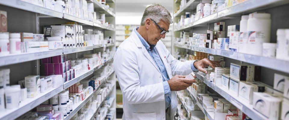 PICTURE SHOWING ROLE OF PHARMACIST IN HOSPITAL PHARMACY WHERE A PHARMACIST IS CHECKING THE DOSGE , GENERIC AND, NAME OF DRUGS